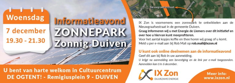 Informatieavond over zonnepark ‘Zonnig Duiven’