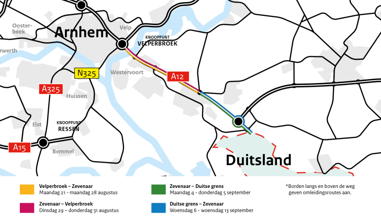 Avond- en nachtafsluitingen A12 tussen Velperbroek en de Duitse grens